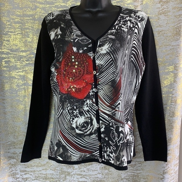 Moffi International black/white with red rose sequinned Sweater size S - Picture 2 of 9